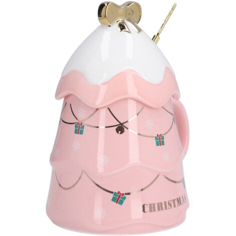 Grande Tasse Céramique 500ml avec Couvercle et Cuillère - Mug à Café/Thé Idée Cadeau Noël Rose