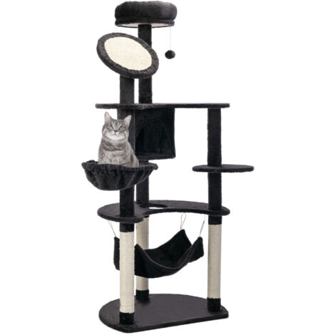 Grande tiragraffi per gatti 65x50x153 cm, torre attività per gatti con piattaforme multiple, palo, amaca, palline giocattolo e grotta grigio scuro