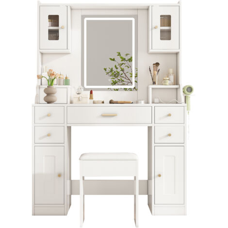 Grande toletta con illuminazione LED regolabile e prese di corrente, specchio, 6 cassetti e 4 ante, bianco, 105 x 152 x 40 cm