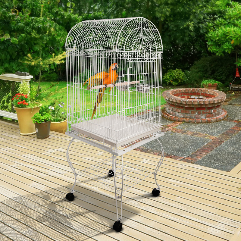 Grande Volière Cage à Oiseaux Design Avec Mangeoire Perchoir Suspendu Plateau Amovible étagère Et Roulettes 54l X 54l X 153h Cm Blanc