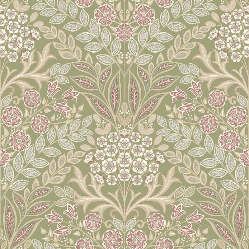 Grandeco - Arts Floral Sage Green Wallpaper Flowers Leaves Textured Paste The Wall