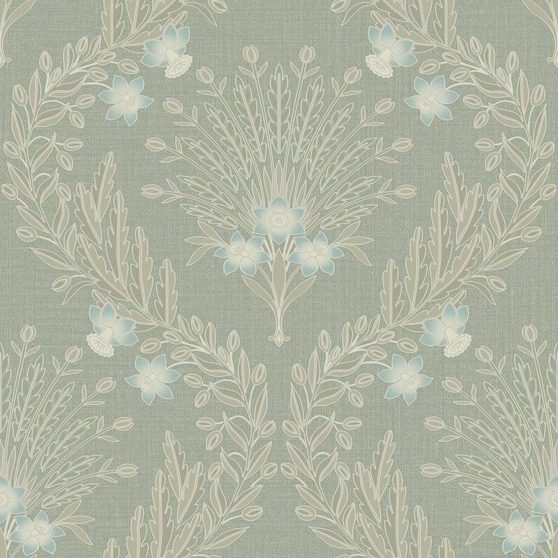 Flora Sage Green Blue Wallpaper Flowers Nature Modern Textured Vinyl - Grandeco