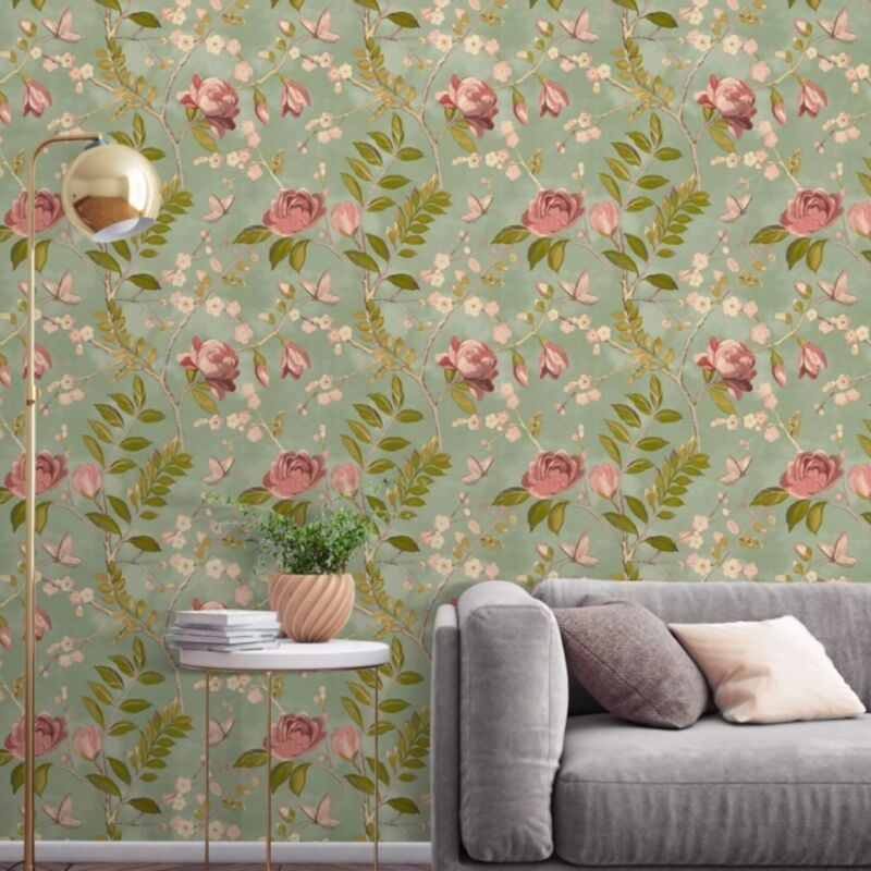 Lola Green Wallpaper Floral Flowers Plants Modern Contemporary Trendy - Grandeco