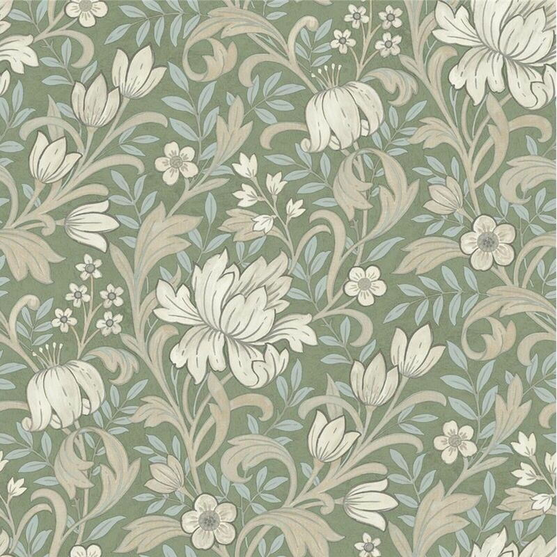 Grandeco - Sage Green Floral Wallpaper Light Blue Leafs Beige Flowers Smooth Matte