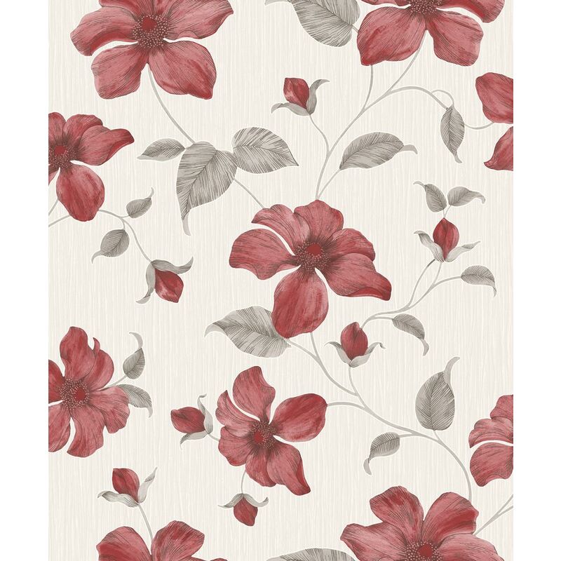 Red Magnolia Wallpaper Grandeco Textured Floral Vinyl White Grey Glitter