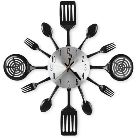 Grandes horloges murales de cuisine de 40,6 cm avec cuillères et fourchettes, excellente décoration d'intérieur et de beaux cadeaux, noir