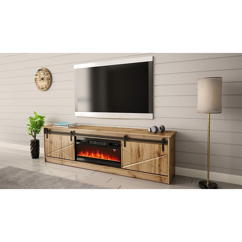 Bim Furniture - mobile tv con caminetto elettrico granero incorporato cm200x35x57 quercia