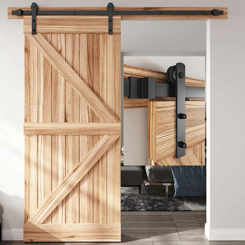 

Wottes - Granero puerta kit corrediza conjunto accesorios hardware una sola puerta madera 1.83M - Negro