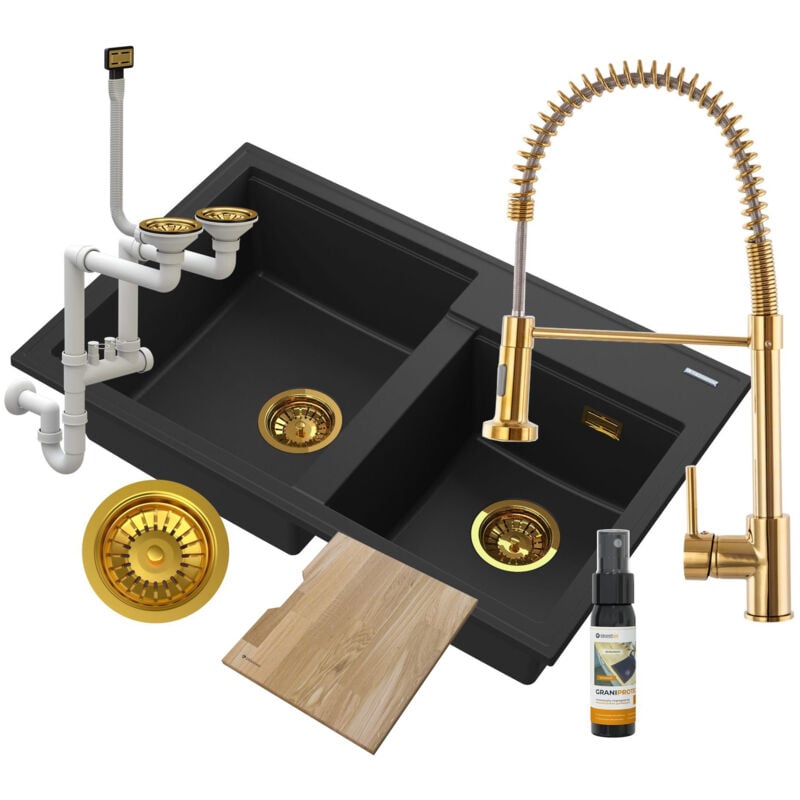 Granitan - Granit evier 2 compartiments noir robinet or hektor 85111881