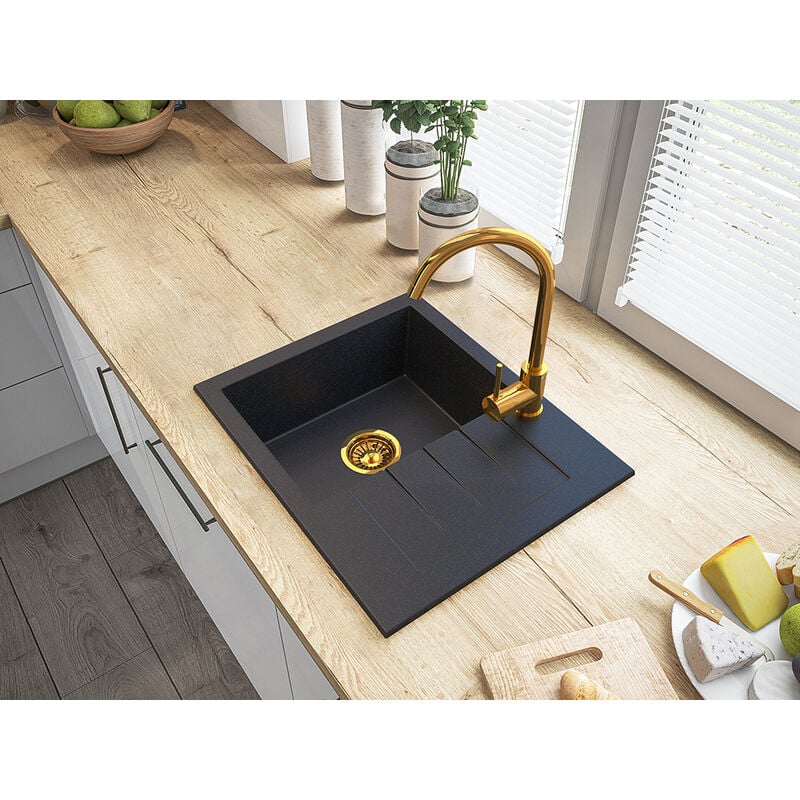 Granitan - vier 1 Bac En Granit Milano Avec Égouttoir - Aux Particules D'Or