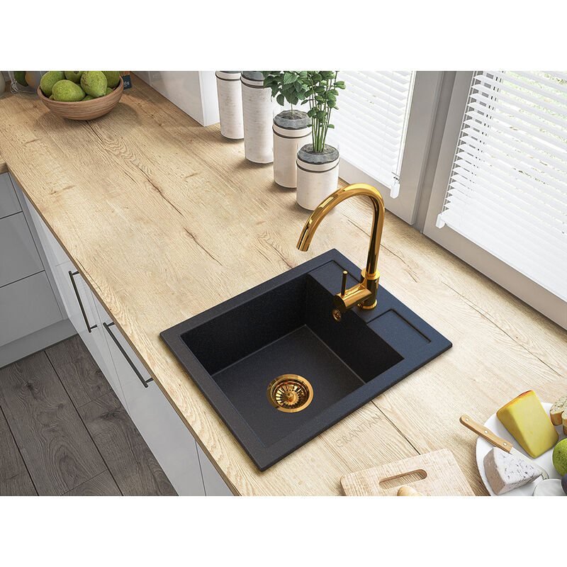 Granitan - vier En Granit Modèle 'Best' 1 Bac - Avec Particules D'Or - Noir