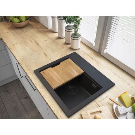 Granitan Évier en granit noir avec particules d'or 1 bac Foxal