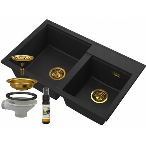Granitan Évier en granit noir avec particules d'or 2 bac Hektor