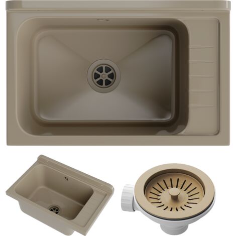 Granitan – Évier utilitaire beige en polypropylène 58x38cm – 1 cuve avec 2 préperforations – Installation facile pour garage et buanderie