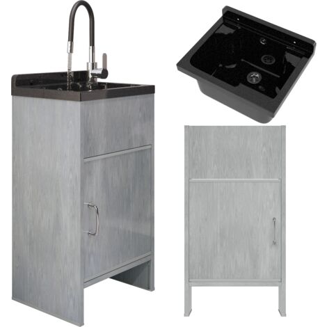 Granitan – Évier utilitaire noir en polypropylène 42,4x34,3cm – Meuble PVC 77,2x41cm – Mitigeur Gradochrom avec bec pivotant 360° – Kit complet