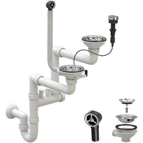 Granitan – Siphon automatique mural à double compartiment – PVC et acier inoxydable – Drain 115 mm avec bouchon anti-débordement – Compatible lave-vaisselle