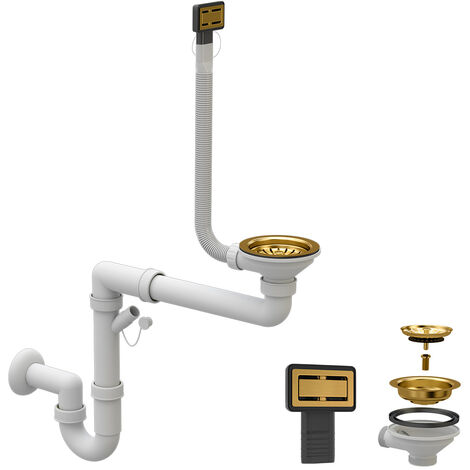 Granitan – Siphon de lavabo doré mono-chambre manuel compact – Système anti-débordement – Drain 115mm pour éviers rectangulaires