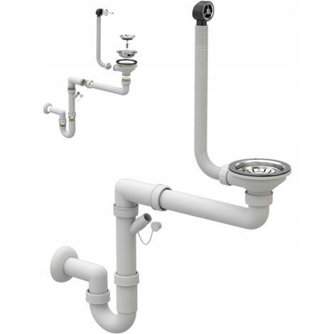 Granitan – Siphon évier manuel 1 bac 115 mm – PVC et acier inoxydable – Anti-débordement – Raccord pour lave-vaisselle – Montage mural