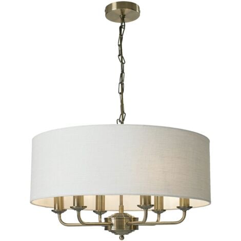 FIRST CHOICE LIGHTING Grantham - 6 Light Antique Brass Ceiling Light with White Cotton Shade