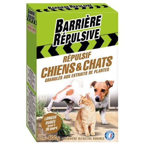 Granulés répulsifs écologiques pour chiens et chats – Efficace jusqu'à 30 jours – Poids 400 g – À base de Géraniol et huiles essentielles – Barriere Repulsive