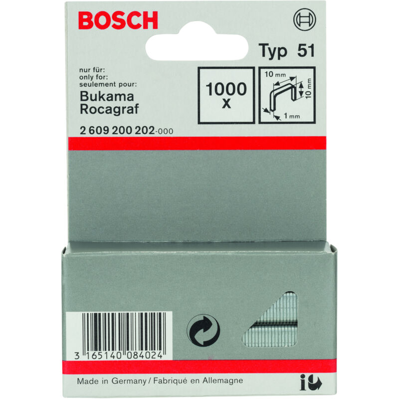 

2609200202 Grapa tipo 51: 10,0x 1,0x 10mm: 1.000uds - Bosch