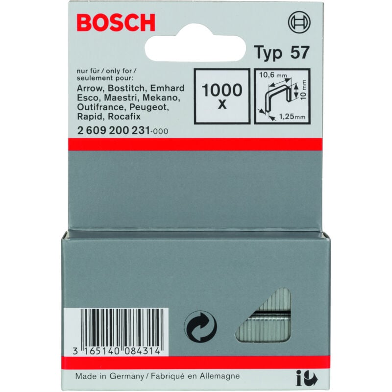 

2609200231 Grapa tipo 57: 10,6x1,25x 10mm: 1.000uds - Bosch