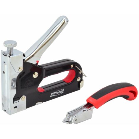 Grapadora metálica Awtools – Modelo 4-14mm, ideal para fijación rápida en proyectos de carpintería y construcción, diseño negro, incluye destornillador, alta durabilidad