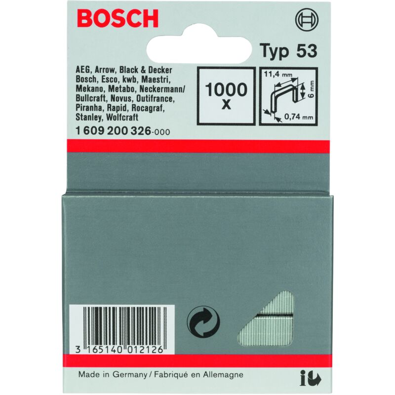 

1609200326 Grapa tipo 53: 11,4x0,74x6mm: 1.000uds - Bosch