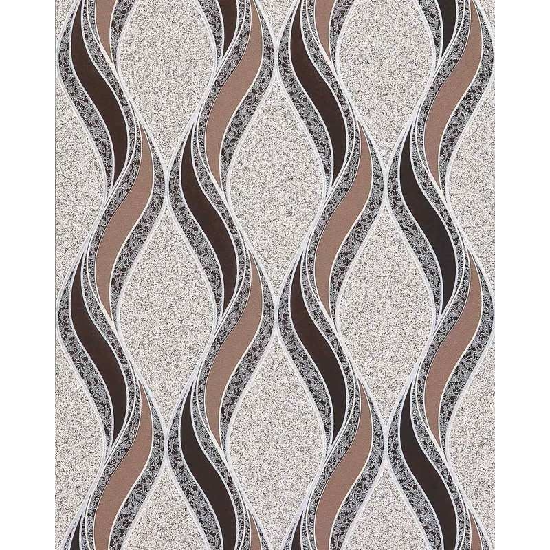 Graphic pattern wallpaper Edem 1025-13 pebbledash render design curved lines ornaments beige cocoa brown dark brown silver - beige