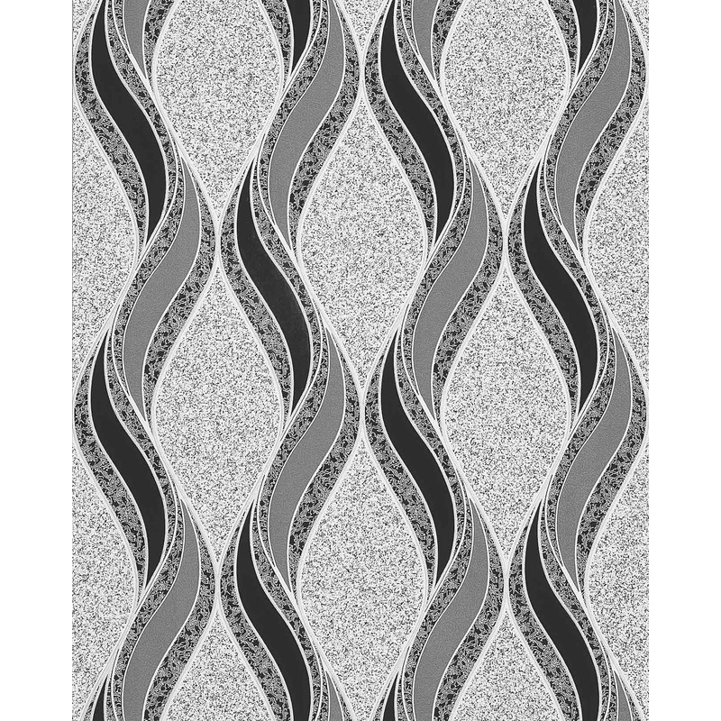 Graphic pattern wallpaper EDEM 1025-16 pebbledash render design curved lines ornaments light grey black silver - grey