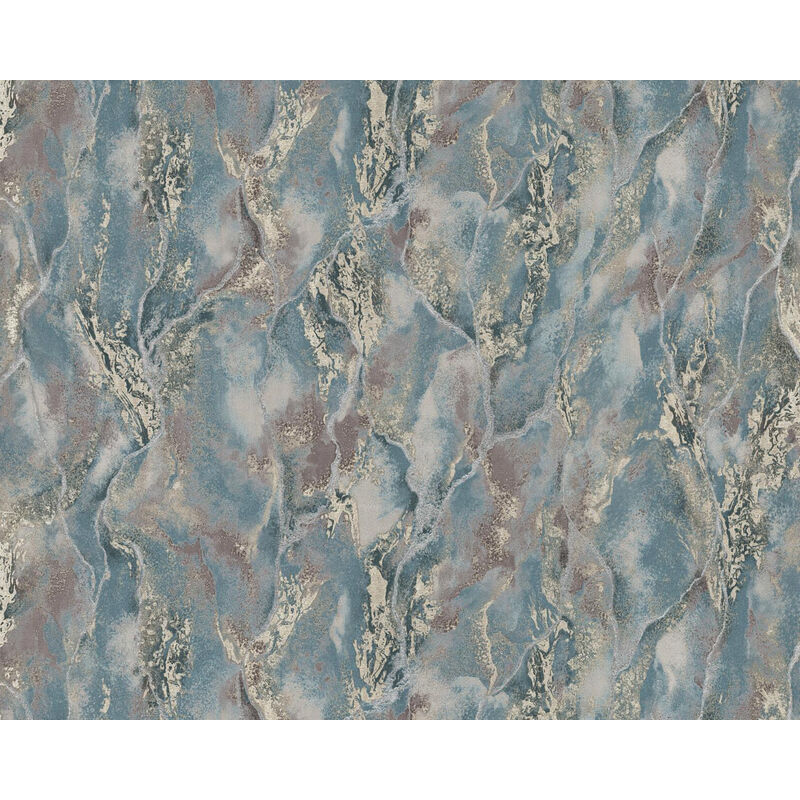 Edem - Graphic wallpaper wall 421ST27 hot embossed non-woven wallpaper slightly textured stone look and metallic highlights blue pigeon blue silver