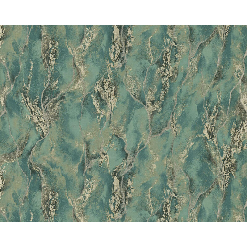 Edem - Graphic wallpaper wall 421ST28 hot embossed non-woven wallpaper slightly textured stone look and metallic highlights green emerald green brown