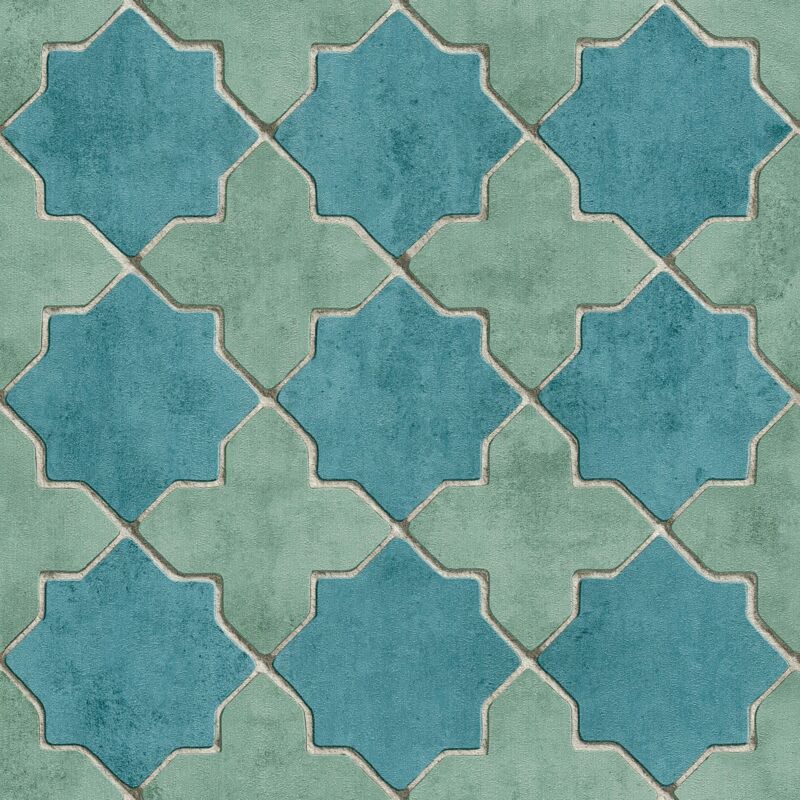 Profhome - Graphic wallpaper wall 374214 non-woven wallpaper slightly textured with graphical pattern matt blue green beige 5.33 m2 (57 ft2)