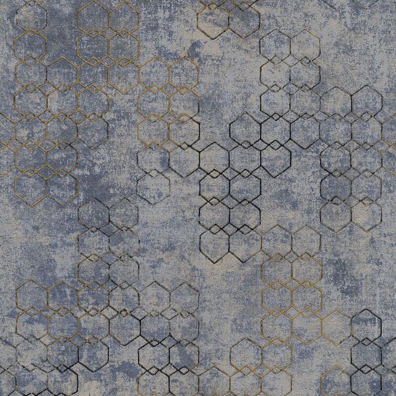 Profhome - Graphic Wallpaper Wall 374245 Non-woven Wallpaper Slightly Textured Design Shiny Blue Gold Grey 5.33 M2 (57 Ft2)
