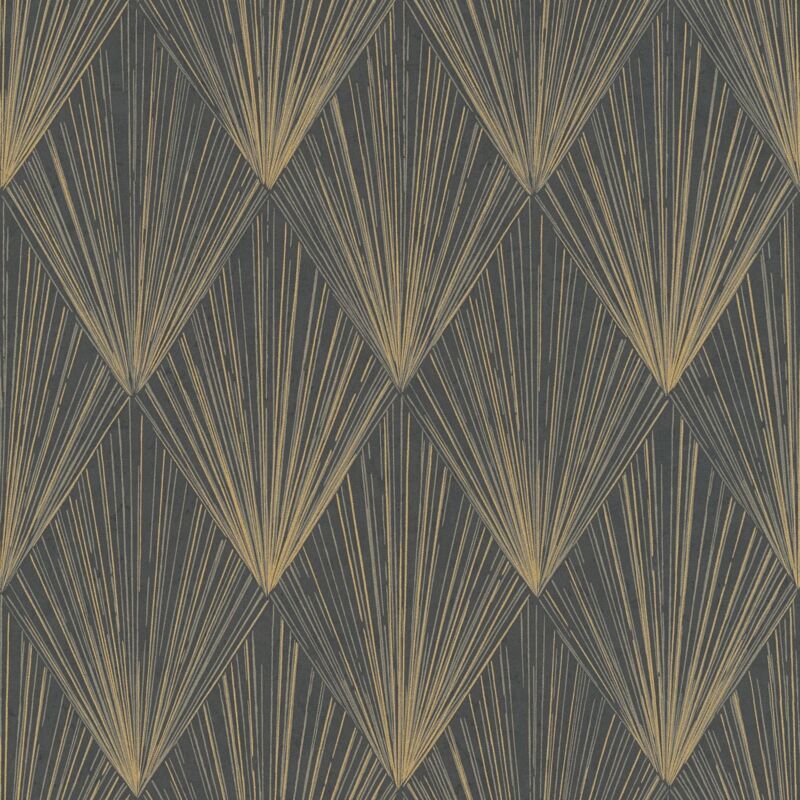 Profhome - Graphic Wallpaper Wall 378644 Non-woven Wallpaper Slightly Textured With Graphical Pattern Shiny Black Gold Grey 5.33 M2 (57 Ft2)