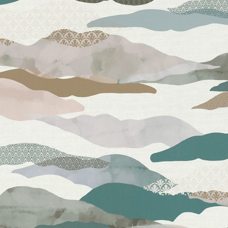 Profhome - Graphic Wallpaper Wall 396993 Hot Embossed Non-woven Wallpaper Slightly Textured Design Matt Blue Grey White Brown 5.33 M2