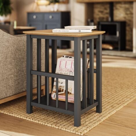 Graphite Blue Side Storage Table Solid Oak Ready Assembled