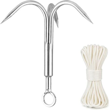 Grappling Hook - 3-Claw Stainless Steel - 50 FT Nylon Rope - For Retrieval Salvage Magnet Fishing - 1 Piece