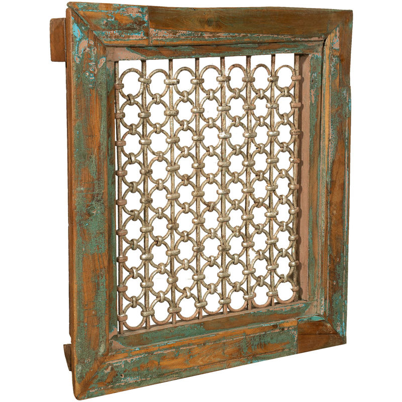 Grated Iron Grill Window With Finely Restored Frame In Solid Teak Wood