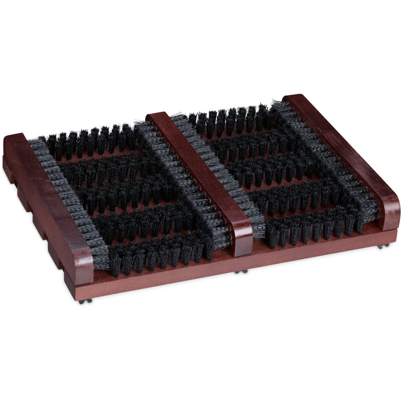Grille gratte-pieds en bois, antidérapant, brosses en plastique, pour intérieur et extérieur, marron et noir - Relaxdays