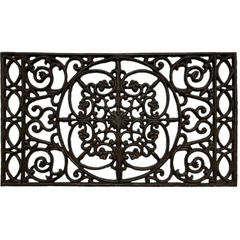 Gratte-pieds rectangulaire en fonte 67x38x2cm – Résistant aux intempéries – Motifs floraux pour entrée – Couleur marron foncé – La Grande Prairie