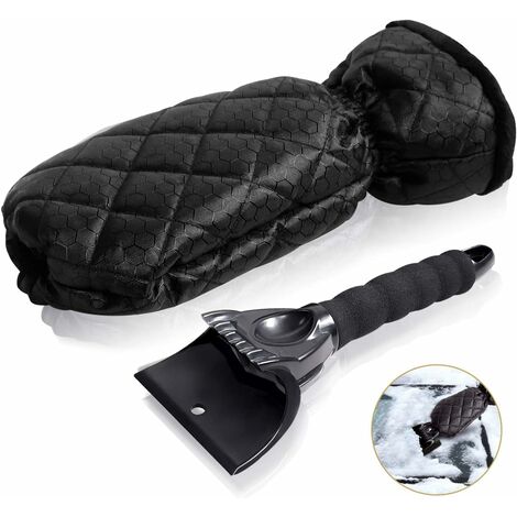 Grattoir à glace pour voiture avec gant imperméable doublé de grattoir à glace en polaire épaisse avec poignée antidérapante pour pare-brise et pare-brise de voiture (noir)