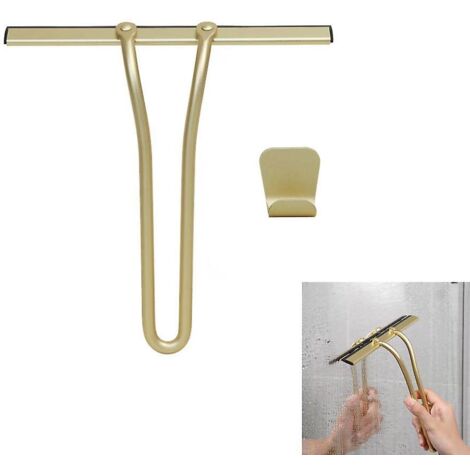 Grattoir à vitre en silicone doré avec crochet pour portes de douche, salle de bain, fenêtres et voiture - 22,5 x 22,8 cm