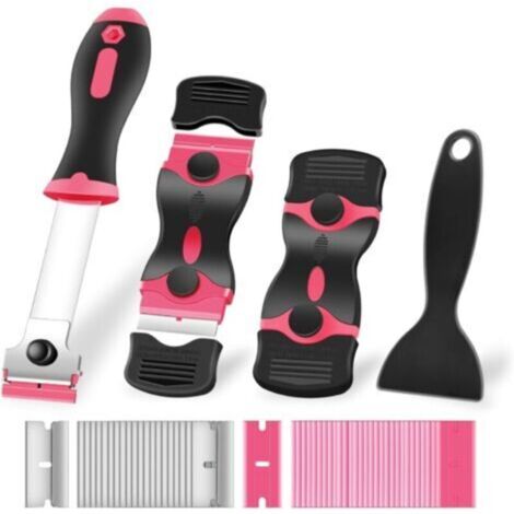 Grattoir à vitres multi-usages, outil de nettoyage avec lames de rechange pour autocollants, plaques de cuisson, décapage de peinture (rose)
