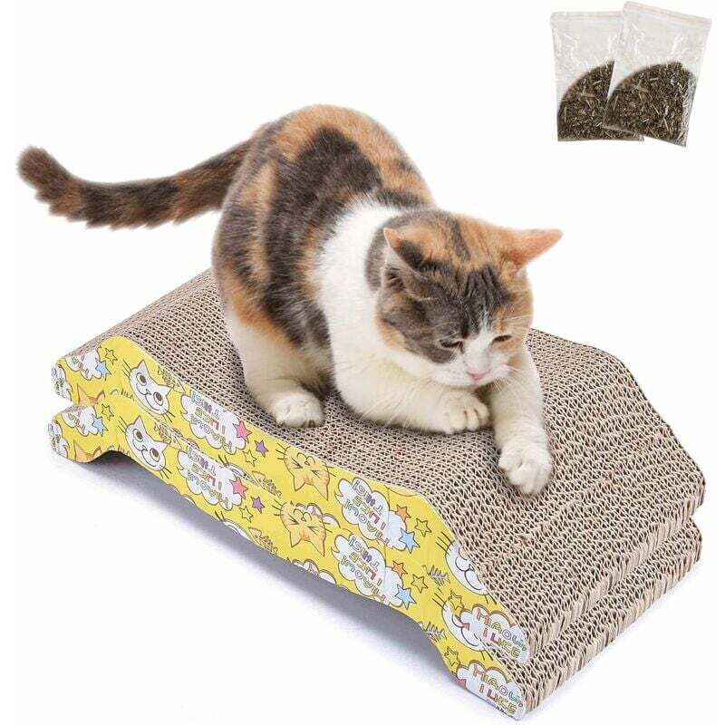 Grattoir Chat Carton (2 Pièces) Griffoir pour Chats Ondulé Planche à Gratter avec Herbe à chat