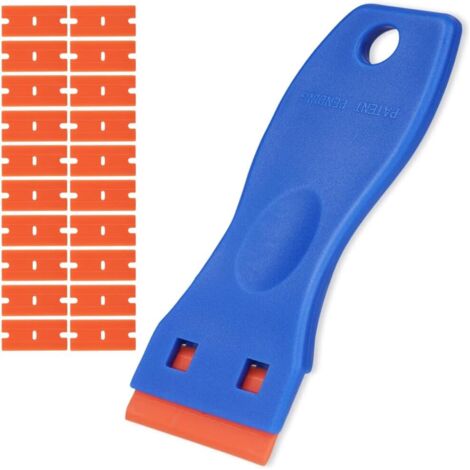 Grattoir en plastique, avec 20 lames interchangeables, grattoir de nettoyage multifonctionnel, utilisé pour enlever les autocollants, les étiquettes, la peinture et la colle - Bleu
