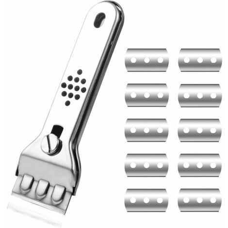 Grattoir pour Plaque Vitrocéramique - Grattoir à vitres Verre en acier inoxydable Outils de nettoyage pour enlever les Décalcomanies Autocollant Peinture avec 10 Lames pour Four de Cuisine Argent JUNJ