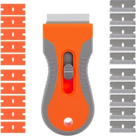 Grattoir pour plaque vitrocéramique, peinture pour vitres, plancha multifonction orange avec lame remplaçable et 10 lames en plastique, 10 lames métalliques pour nettoyer les autocollants de cuisine,