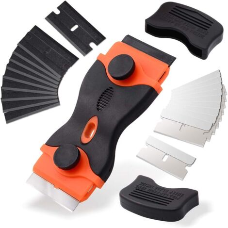 Grattoir pour verre céramique, équipé de 10 grattoirs en plastique et de 10 lames en métal. Sert à retirer les étiquettes du verre céramique. Couleur orange.