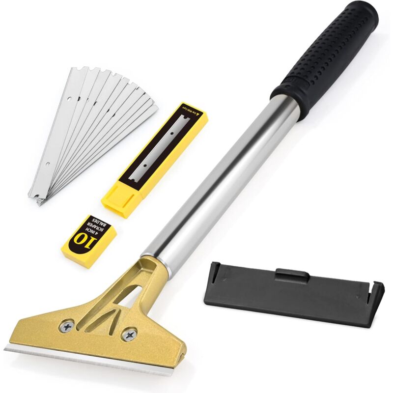 Grattoir Vitre avec 10 Lames, Grattoir Peinture avec 13inch Long Manche, Lames en Acier Au Carbone 100mm, pour Carrelage, Papier Peint, Colle,